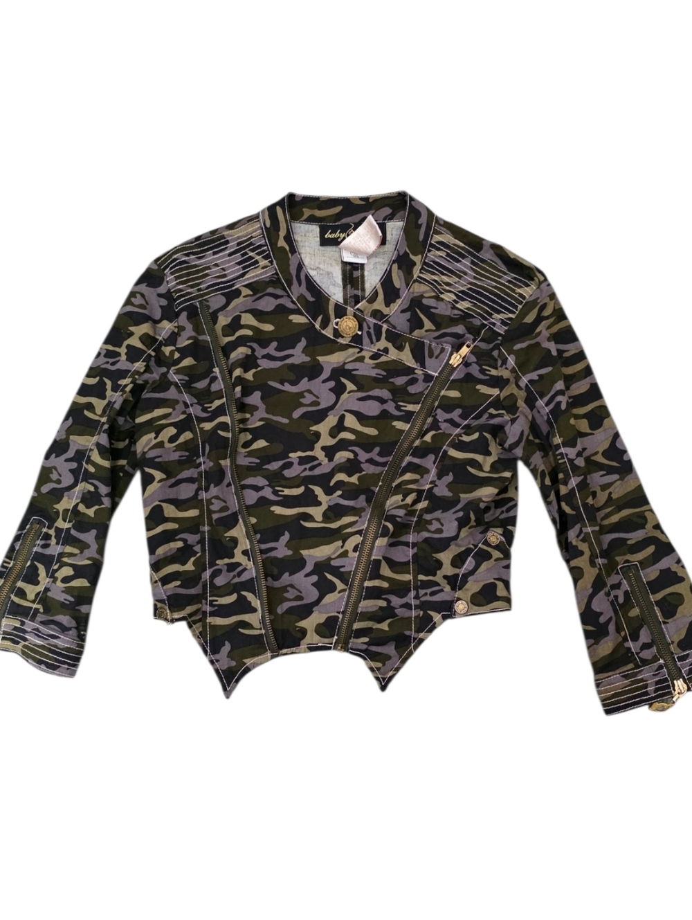 ​Vintage‎ Baby Phat Camo Moto Jacket Y2K Asymmetrical Zip Cropped Cat Logo Med
